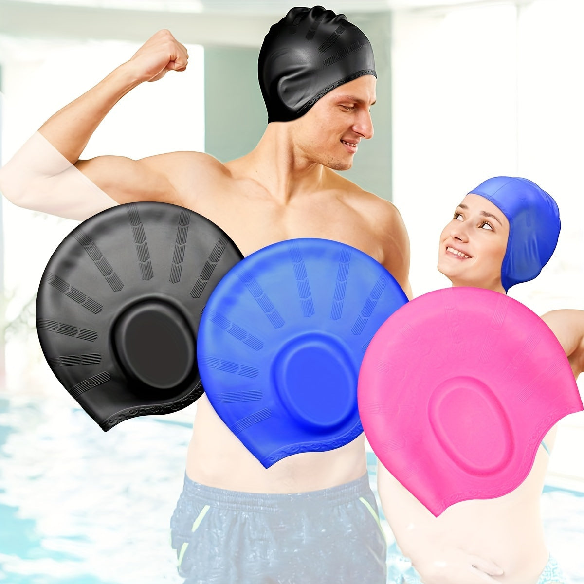 1pc Premium Silicone Swimming Cap with Ear Protection - Waterproof, Hand-Washable, Ideal for Men & Women with Long or Short Hair - Available in Black, Blue, Pink