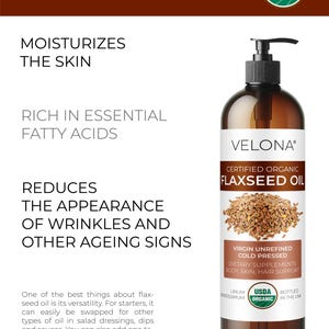 velona USDA Certified Organic Flaxseed Oil - 4 Fl Oz | 100% Pure and Natural Carrier Oil | Unrefined, Cold Pressed | Hair Growth & Skin Care