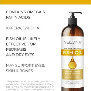 Fish Omega-3 Oil by Velona - 4 Fl Oz | 100% Pure and Natural Carrier Oil | Refined, Cold Pressed | Vitamin E, D, Omega-3