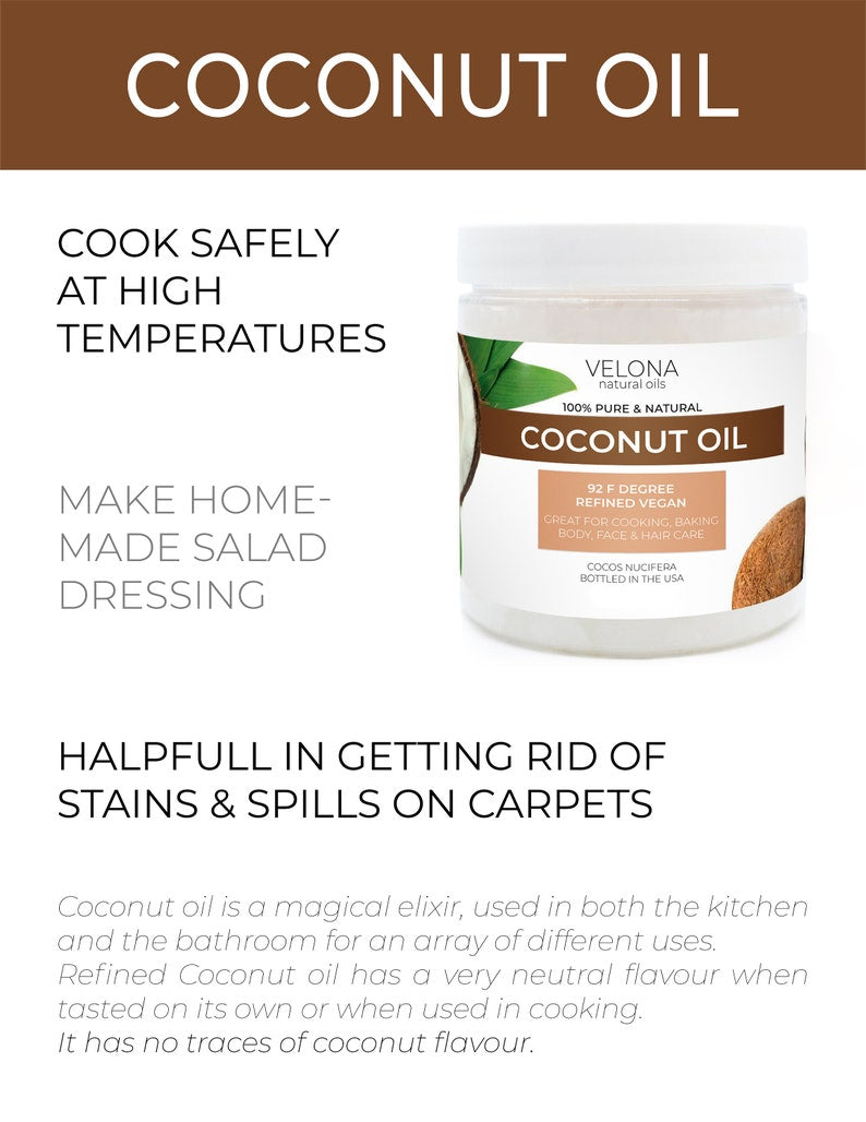 Coconut Oil 92 Degree by Velona 2 Fl Oz - 1 Gallon / 128 Fl Oz | 100% Pure and Natural Carrier Oil | in jar | Refined, Cold pressed