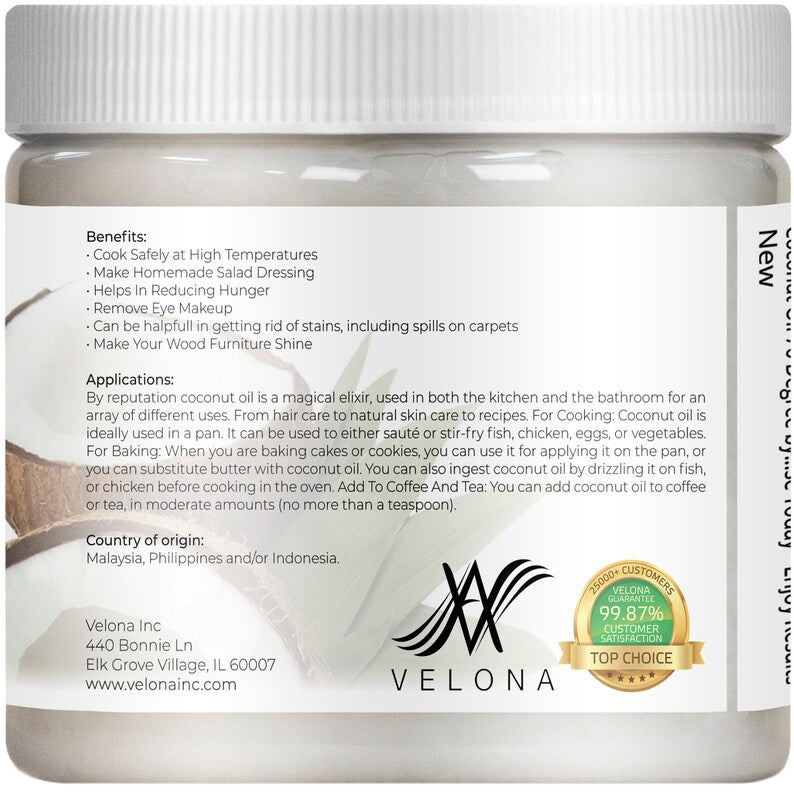 Coconut Oil 76 Degree by Velona 2 oz - 7 lb | 100% Pure and Natural Carrier Oil | in jar | Refined, Cold pressed