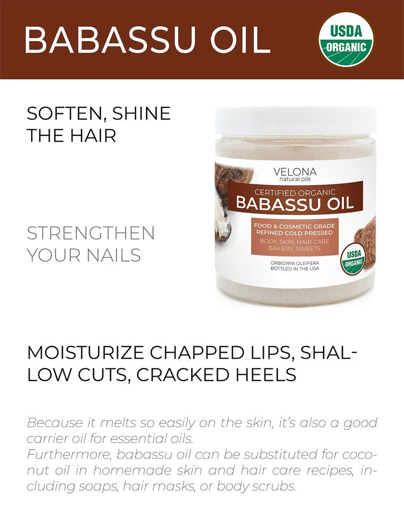 velona Babassu Oil USDA Certified Organic - 4 Fl Oz 100% Pure and Natural Carrier Oil | Refined, Cold Pressed | Face, Hair, Body, Skin Care