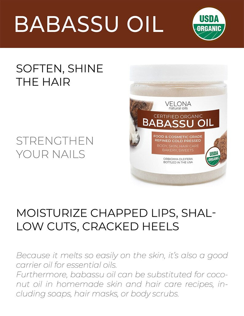 velona Babassu Oil USDA Certified Organic - 2 Fl Oz 100% Pure and Natural Carrier Oil | Refined, Cold Pressed | Face, Hair, Body & Skin Care
