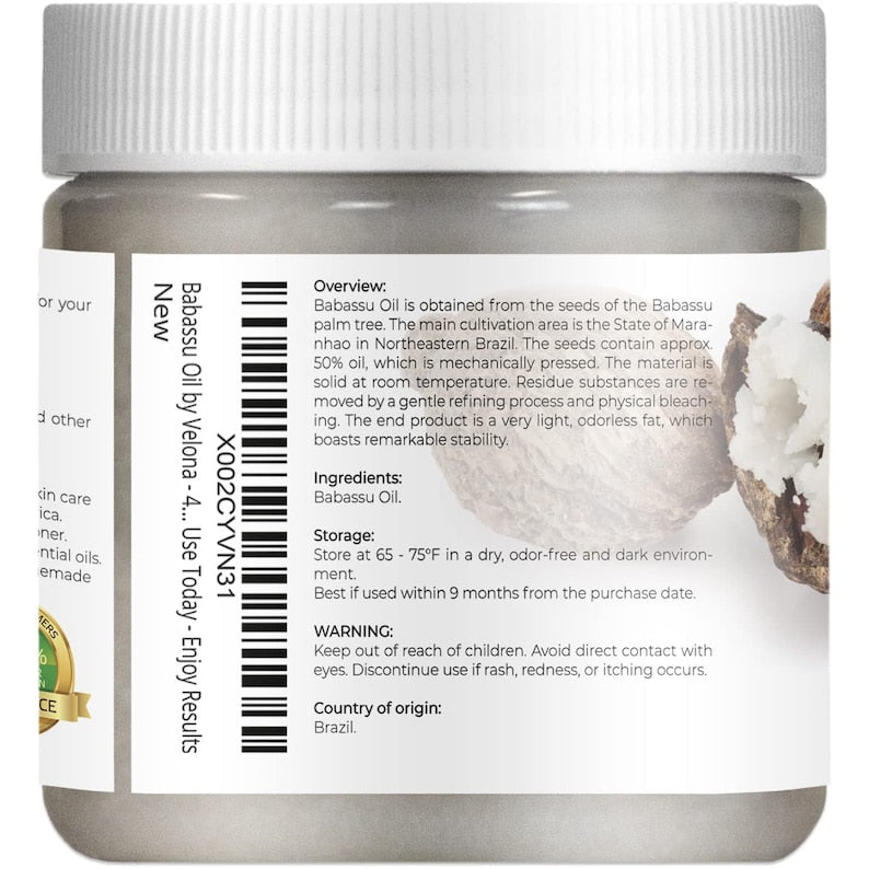 velona Babassu Oil USDA Certified Organic - 4 Fl Oz 100% Pure and Natural Carrier Oil | Refined, Cold Pressed | Face, Hair, Body, Skin Care
