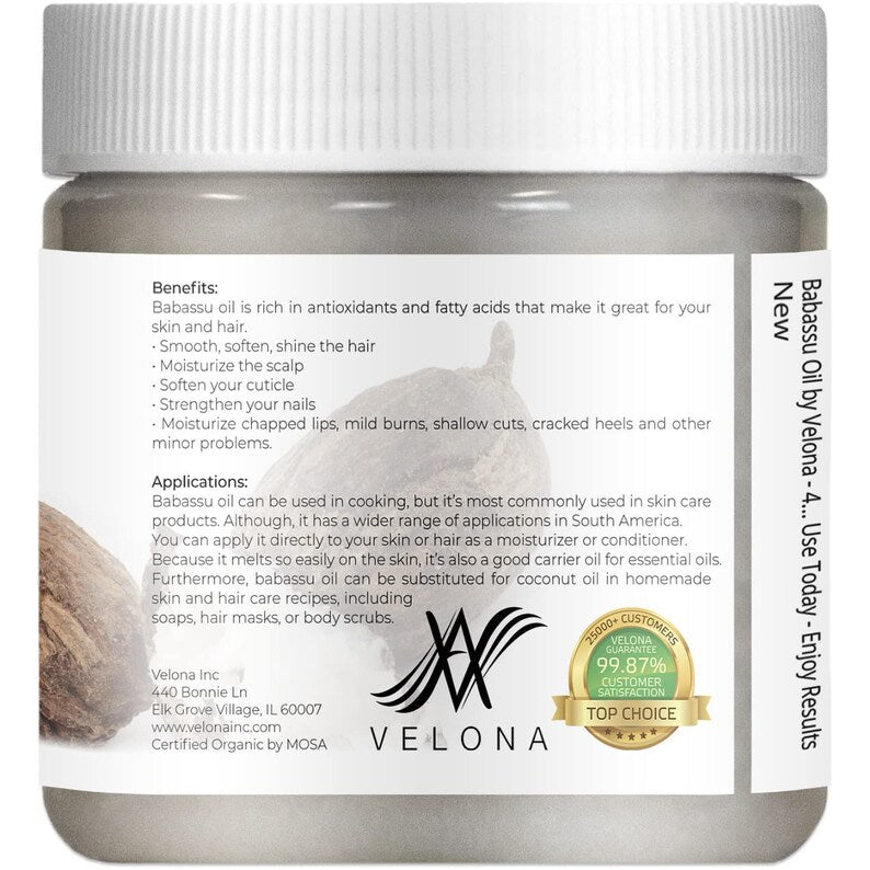 velona Babassu Oil USDA Certified Organic - 4 Fl Oz 100% Pure and Natural Carrier Oil | Refined, Cold Pressed | Face, Hair, Body, Skin Care