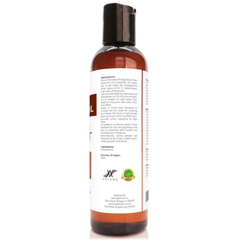 velona USDA Certified Organic Flaxseed Oil - 4 Fl Oz | 100% Pure and Natural Carrier Oil | Unrefined, Cold Pressed | Hair Growth & Skin Care