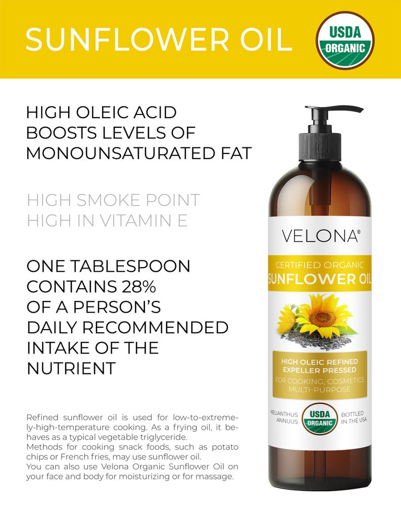 velona USDA Certified Organic Sunflower Oil - 32 Fl Oz | 100% Pure and Natural Carrier Oil | High Oleic, Refined, Expeller Pressed | Cooking