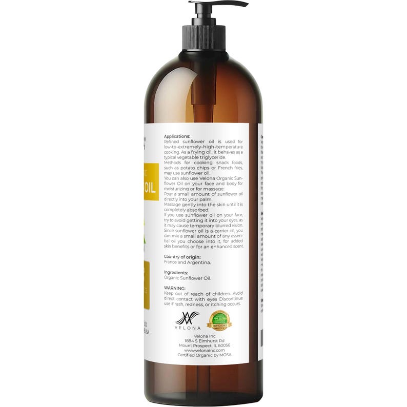 velona USDA Certified Organic Sunflower Oil - 32 Fl Oz | 100% Pure and Natural Carrier Oil | High Oleic, Refined, Expeller Pressed | Cooking
