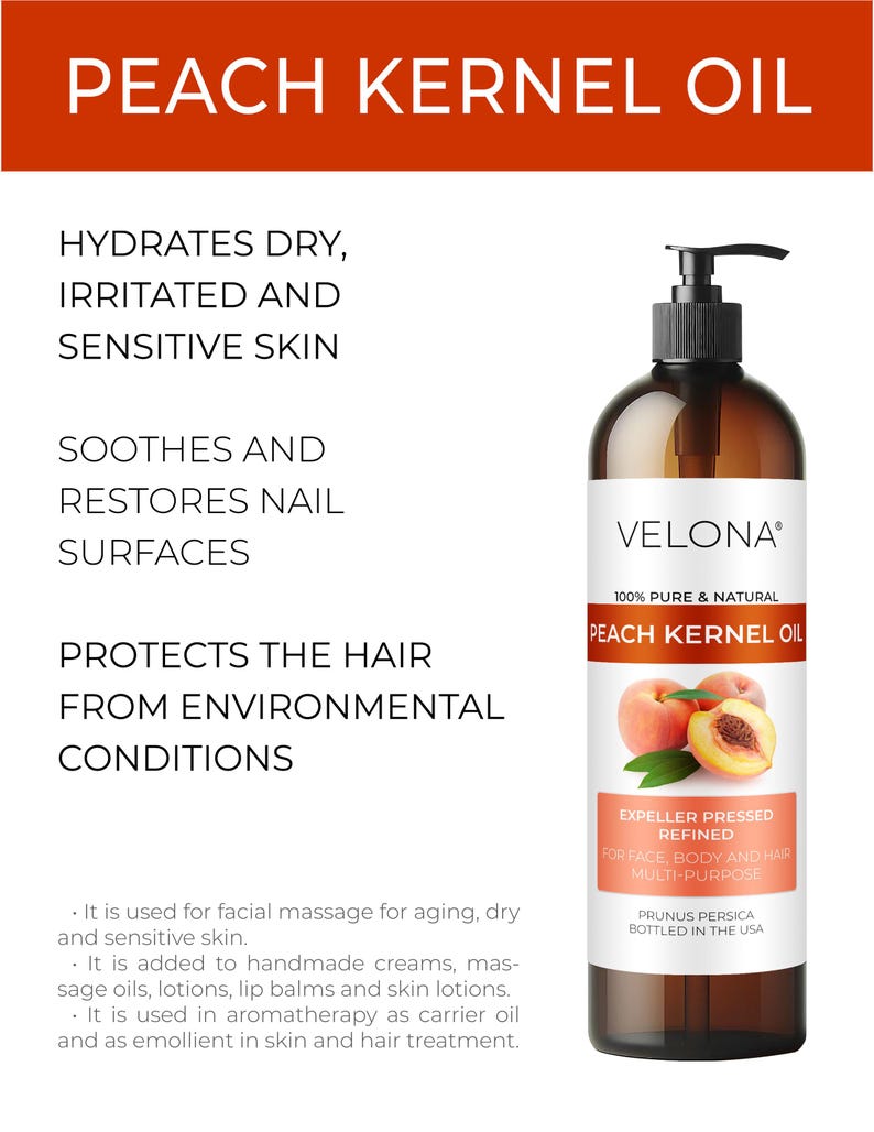 Peach Kernel Oil by Velona 2 Fl Oz - 1 Gallon / 128 Fl Oz | 100% Pure & Natural Carrier Oil |Refined, Expeller pressed | Cooking