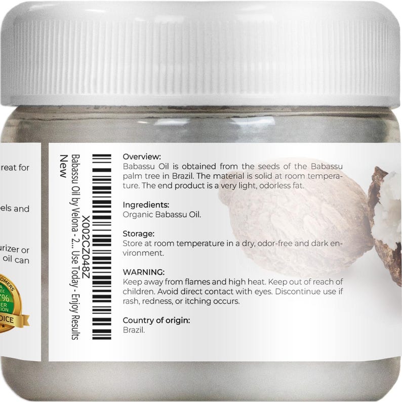 velona Babassu Oil USDA Certified Organic - 2 Fl Oz 100% Pure and Natural Carrier Oil | Refined, Cold Pressed | Face, Hair, Body & Skin Care