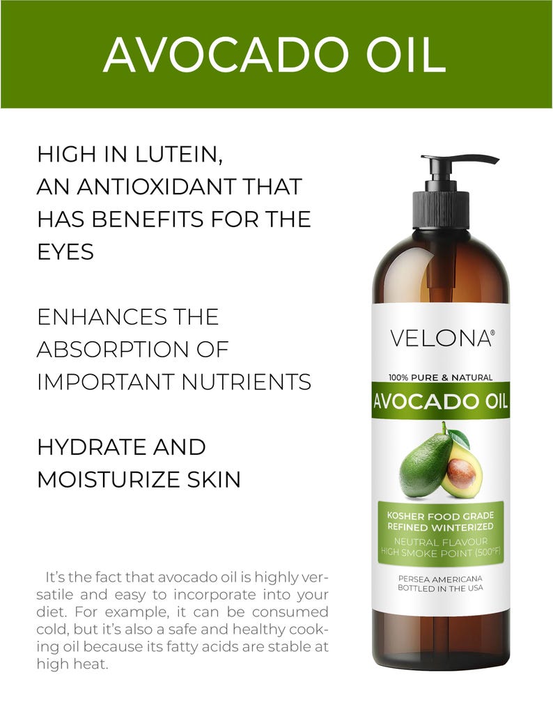 Avocado Oil by Velona - 2 Fl Oz - 1 Gallon/128 Fl Oz | 100% Pure and Natural Carrier Oil | Refined, Cold Pressed | Hair, Body and Skin Care