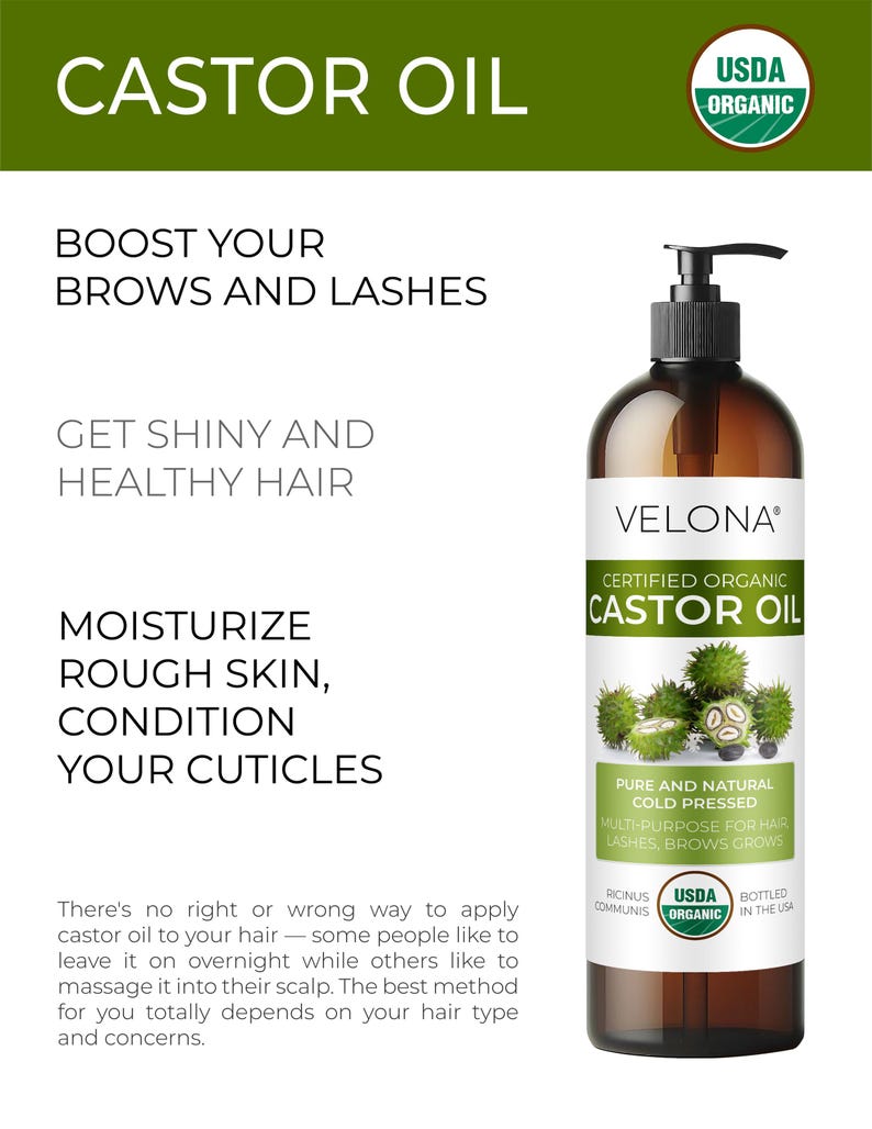 velona USDA Certified Organic Castor Oil - 8 Fl Oz | For Hair, Boost Eyelashes, Eyebrows | Cold pressed, Natural Oil, USP Grade | Lash Serum