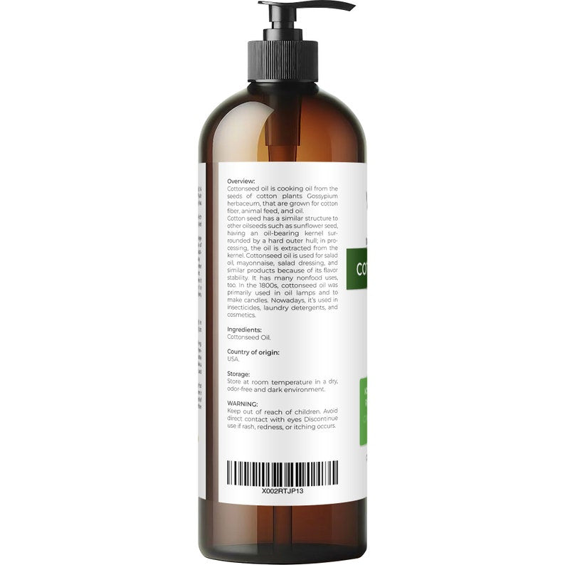 Cotton Seed Oil by Velona - 16 Fl Oz | 100% Pure and Natural Carrier Oil | Refined, Cold pressed | Cooking, Skin, Face, Body, Hair Care
