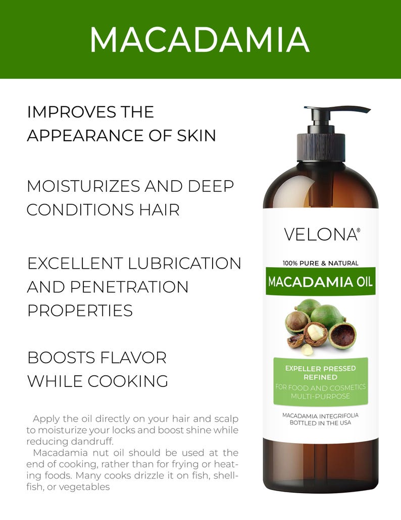 Macadamia Nut Oil by Velona 2 Fl Oz-1 Gallon/128 Fl Oz | 100% Pure and Natural Carrier Oil | Refined, Cooking, Skin, Hair, Body Moisturizing