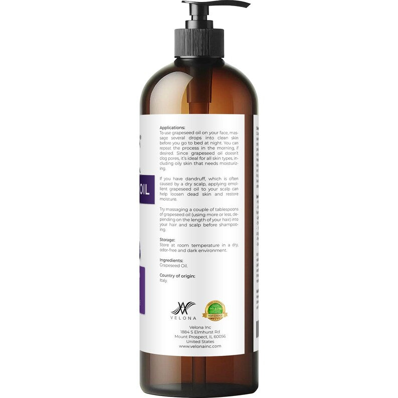 Grapeseed Oil by Velona 2 Fl Oz - 1 Gallon / 128 Fl Oz | 100% Pure and Natural Carrier Oil | Refined, Expeller pressed | Cooking
