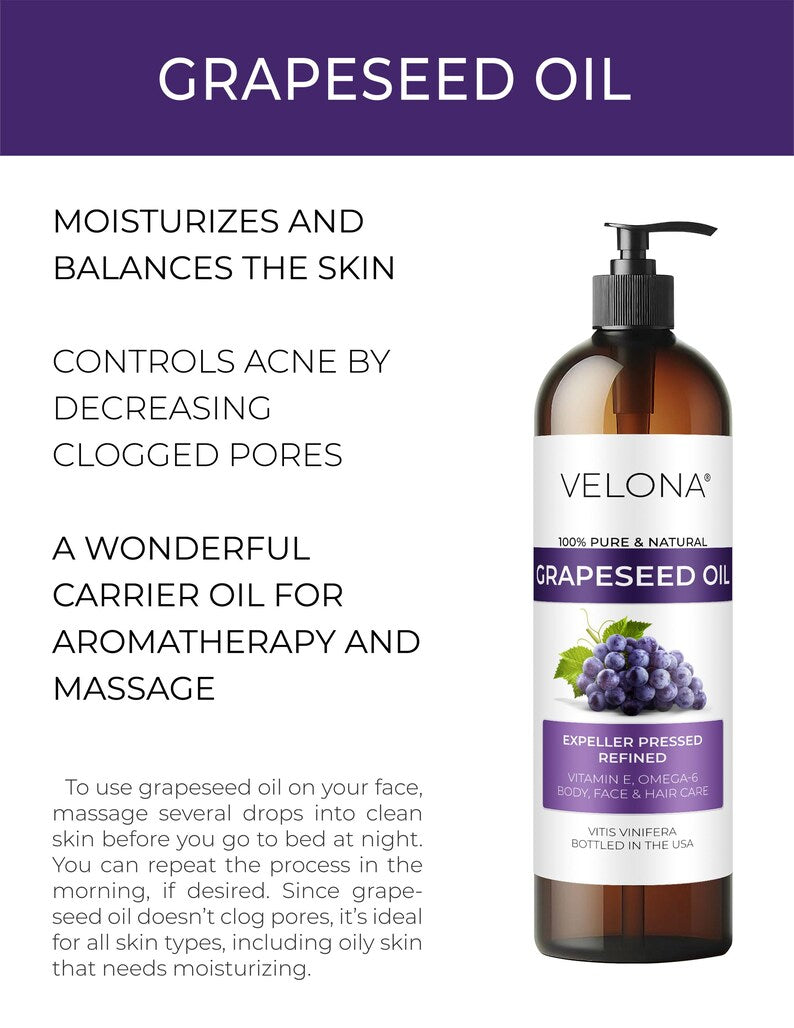 Grapeseed Oil by Velona 2 Fl Oz - 1 Gallon / 128 Fl Oz | 100% Pure and Natural Carrier Oil | Refined, Expeller pressed | Cooking