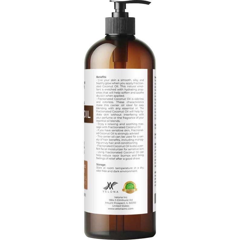 Coconut Oil by Velona 2 Fl Oz - 1 Gallon / 128 Fl Oz | 100% Pure and Natural Carrier Oil | Fractionated, Ultra Refined