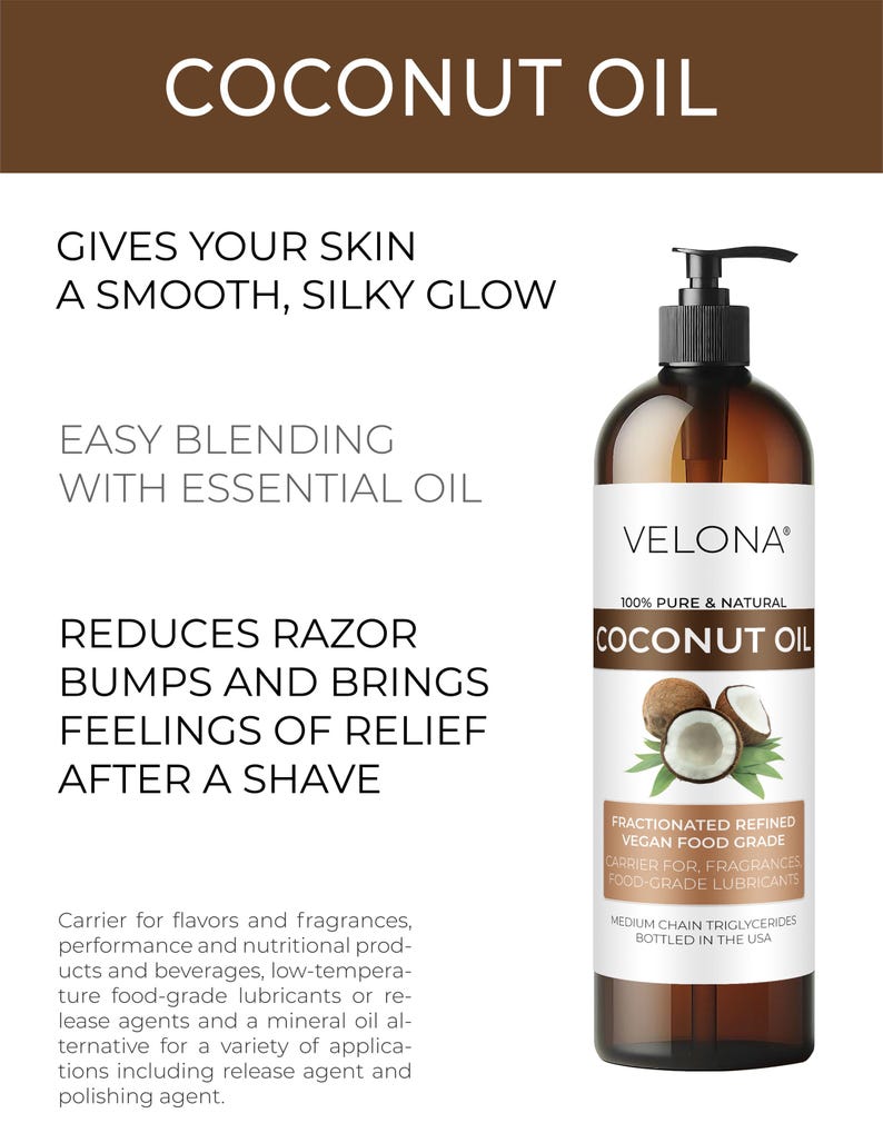 Coconut Oil by Velona 2 Fl Oz - 1 Gallon / 128 Fl Oz | 100% Pure and Natural Carrier Oil | Fractionated, Ultra Refined