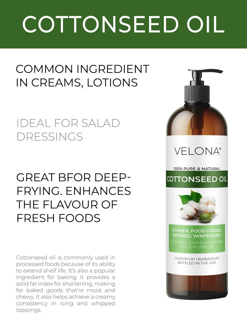 Cotton Seed Oil by Velona - 16 Fl Oz | 100% Pure and Natural Carrier Oil | Refined, Cold pressed | Cooking, Skin, Face, Body, Hair Care