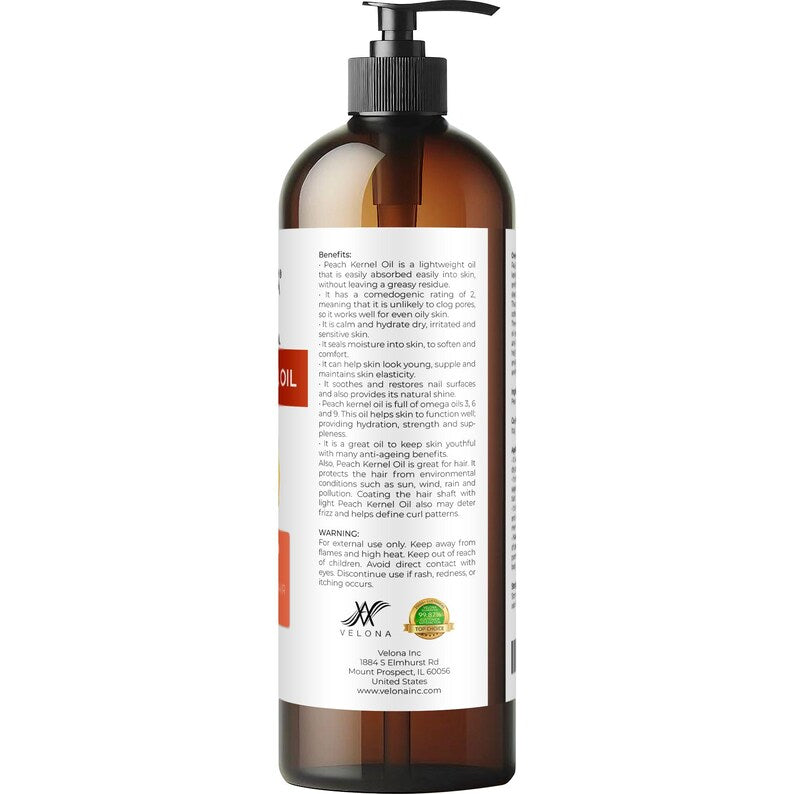 Peach Kernel Oil by Velona 2 Fl Oz - 1 Gallon / 128 Fl Oz | 100% Pure & Natural Carrier Oil |Refined, Expeller pressed | Cooking