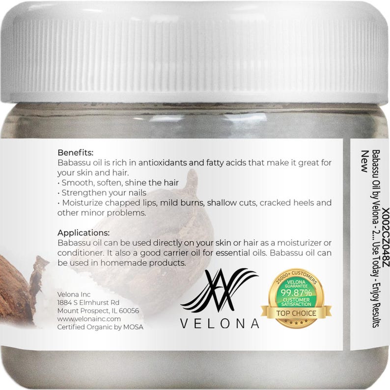 velona Babassu Oil USDA Certified Organic - 2 Fl Oz 100% Pure and Natural Carrier Oil | Refined, Cold Pressed | Face, Hair, Body & Skin Care