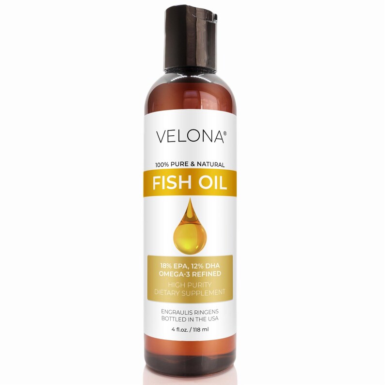 Fish Omega-3 Oil by Velona - 4 Fl Oz | 100% Pure and Natural Carrier Oil | Refined, Cold Pressed | Vitamin E, D, Omega-3
