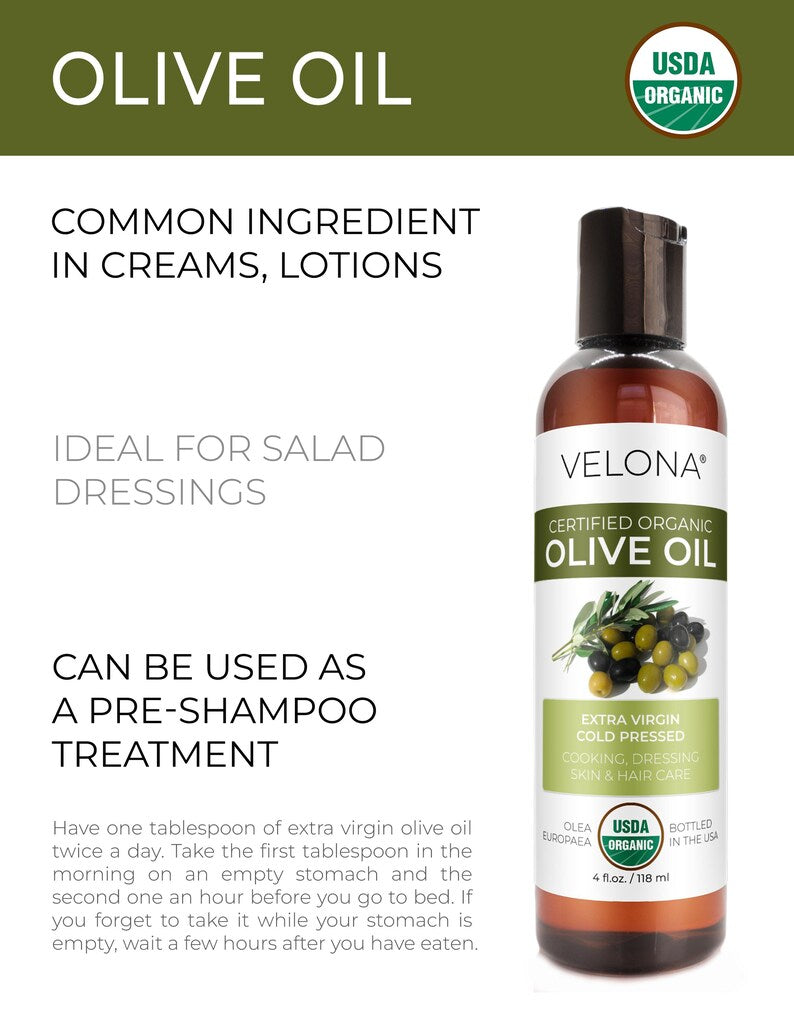 velona USDA Certified Organic Olive Oil - 4 Fl Oz | 100% Pure and Natural Oil | Extra Virgin, Unrefined, Cold Pressed | Cooking, Dressing