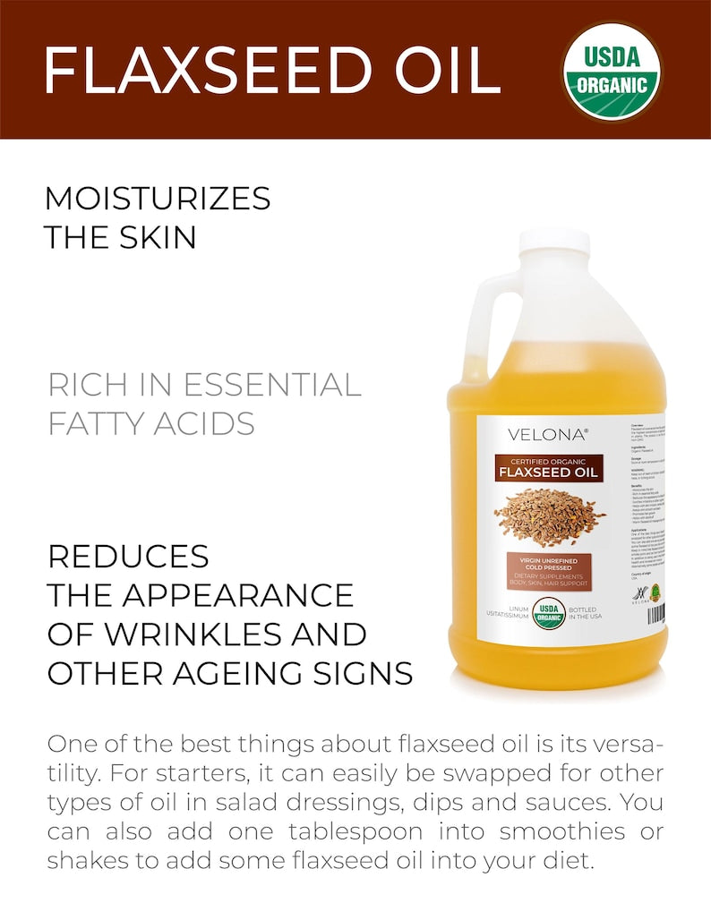 velona USDA Certified Organic Flaxseed Oil - 64 Fl Oz 100% Pure and Natural Carrier Oil | Unrefined, Cold Pressed | Hair Growth & Skin Care