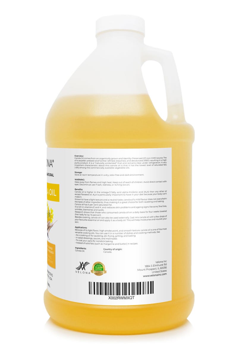 velona Canola Seed Oil 1 Gallon / 128 Fl Oz | 100% Pure and Natural Carrier Oil | Refined, Cold pressed | Cooking, Dressing