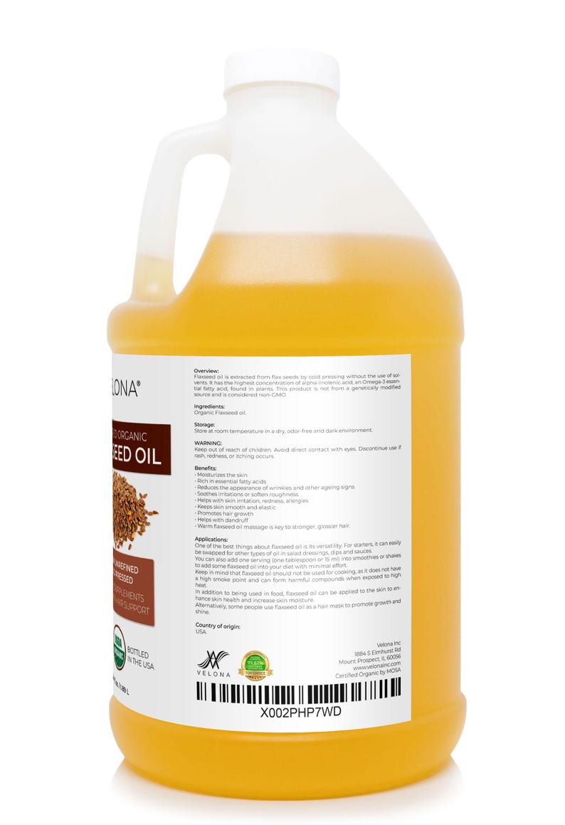 velona USDA Certified Organic Flaxseed Oil - 64 Fl Oz 100% Pure and Natural Carrier Oil | Unrefined, Cold Pressed | Hair Growth & Skin Care