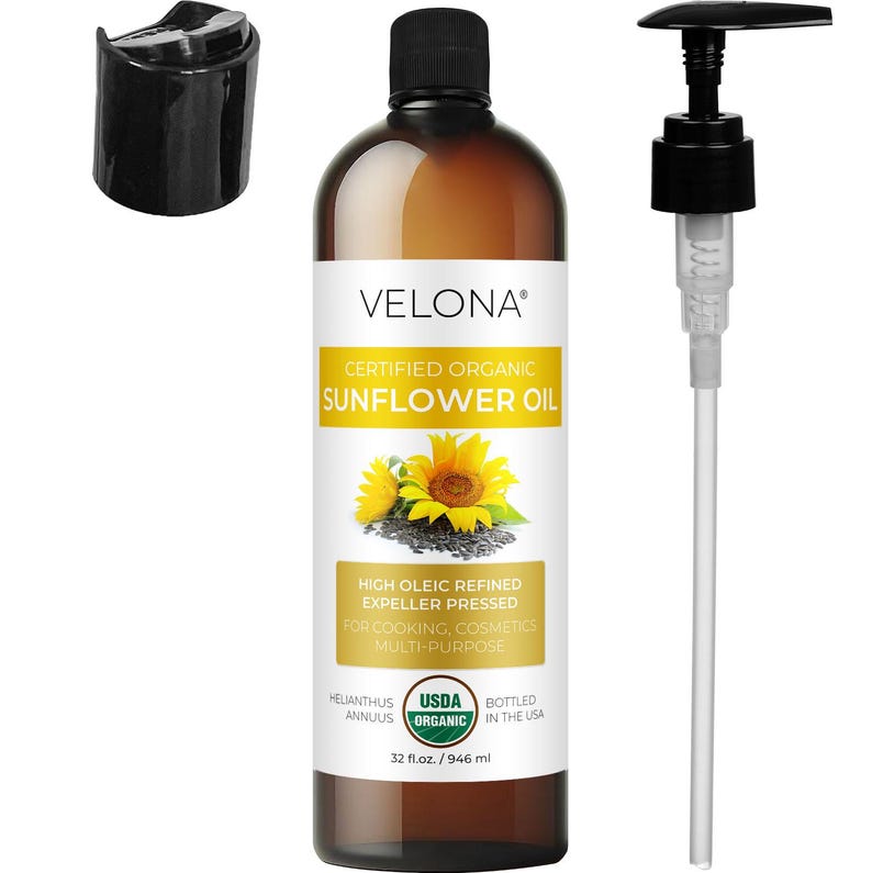 velona USDA Certified Organic Sunflower Oil - 32 Fl Oz | 100% Pure and Natural Carrier Oil | High Oleic, Refined, Expeller Pressed | Cooking