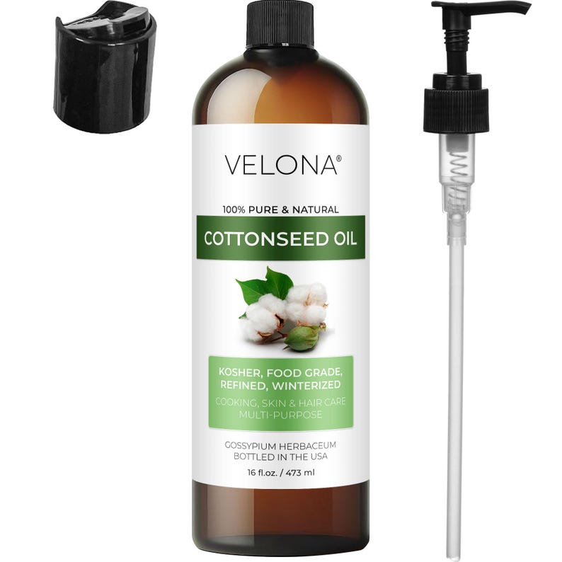 Cotton Seed Oil by Velona - 16 Fl Oz | 100% Pure and Natural Carrier Oil | Refined, Cold pressed | Cooking, Skin, Face, Body, Hair Care
