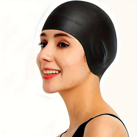 1-Pack Black Silicone Extended Swim Cap for Adults - Waterproof Comfort Fit Ear Protection Swim Cap for Long Hair, Secure Seal for Swimming, Water Aerobics, Diving, Water Sports Gear, Streamlined Design, Nonwoven Material, Diving Equipment, Hand Washable,