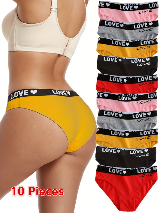 10pcs Women's Briefs with Love Heart Print - Breathable & Comfortable, Butt-Lifting Sexy Panties in Assorted Colors, Ideal for Valentine's Day, Breathable Underwear|Heart Print Briefs|Assorted Colors Pack