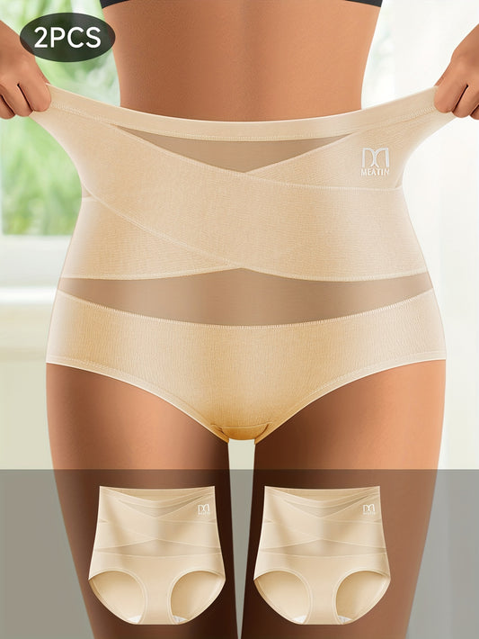 2-Pack QUASTI High-Waisted Cotton Shapewear Panties for Women, Cross Band Tummy Control Underwear, Seamless Knit Briefs, No Padding, Solid Color, Comfort Fit for Sports & Daily Wear