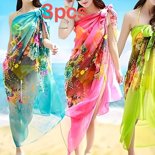 1pc/3pcs Bohemian Women's Beach Shawl - Lightweight 100% Polyester, 180g/m² Breathable, Vibrant Floral Print, Deep Pink & Multi-Color Options, Decorative Boho Summer Accessory for Travel & Beach Outings