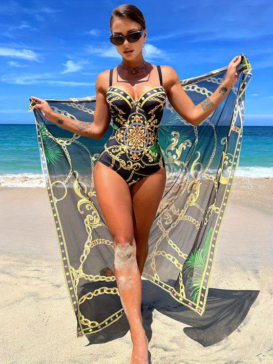 2 Piece Elegant V Neck Push Up Chain Print Swimsuits with Spaghetti Strap One-piece Bathing-suit & Cover Up Skirt, Women's Swimwear & Clothing