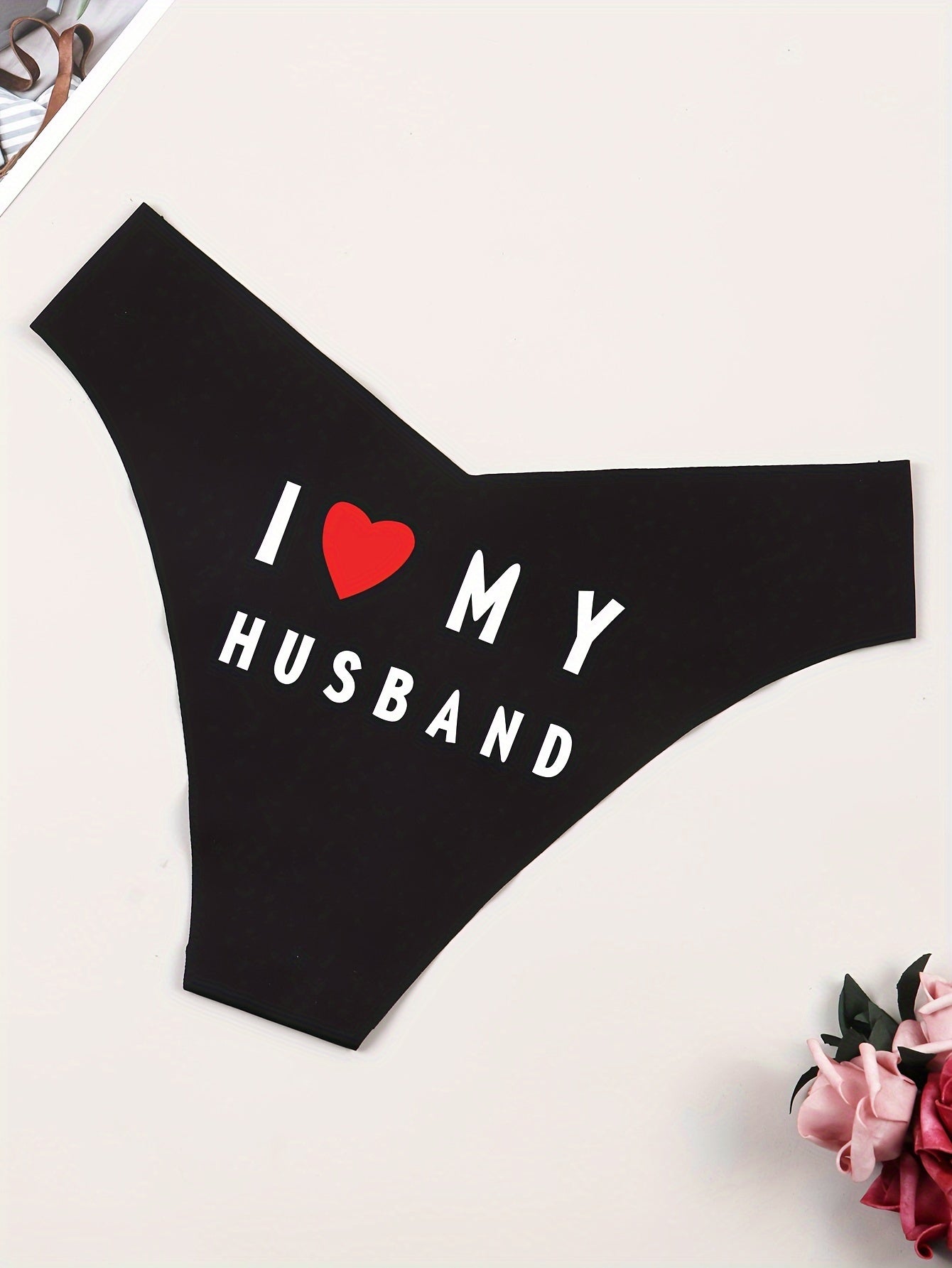 1 Pc Polyamide "I Love My Husband" Heart Print Black Panty - Women's Sexy Comfortable Breathable Knit Fabric Briefs