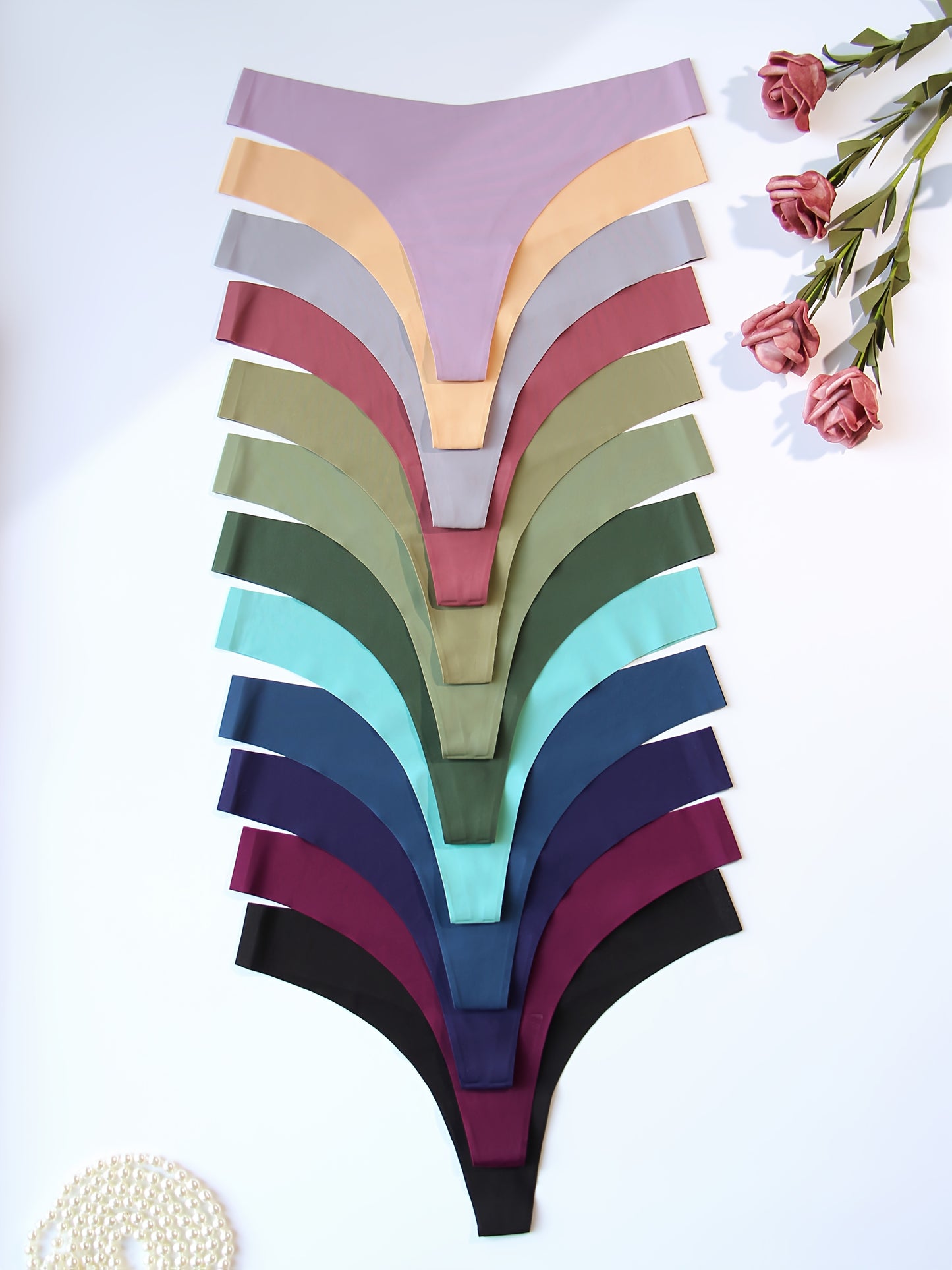 12pcs Women's Low-Rise Seamless Thong Underwear - Soft Breathable V-String Panties, 12 Solid Colors, Sexy Comfortable Non-Transparent Casual Attire, Daily Essentials, Sleek Style, Smooth Texture, Modern Women