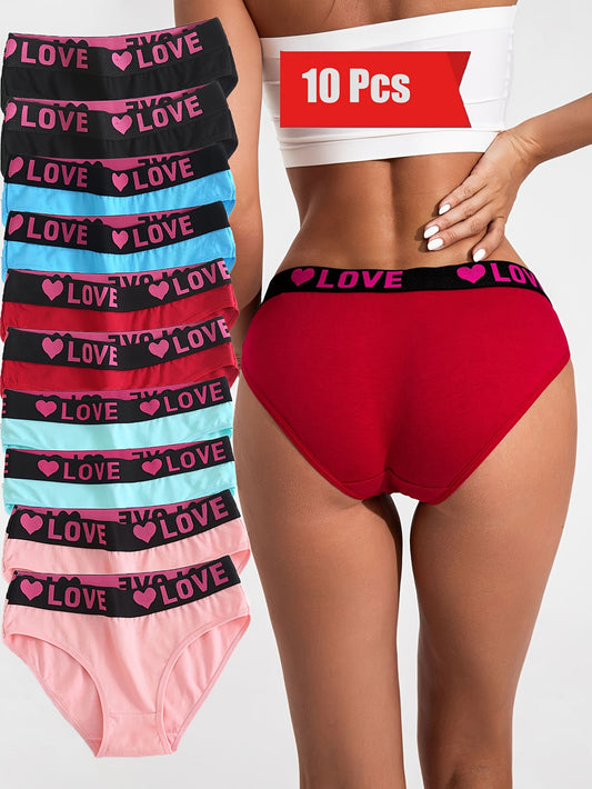 10-Pack Cotton Briefs for Women, Mid-Rise Comfortable Underwear with Wide Elastic Waistband and Assorted Alphabet Patterns