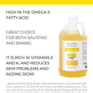 velona Canola Seed Oil 1 Gallon / 128 Fl Oz | 100% Pure and Natural Carrier Oil | Refined, Cold pressed | Cooking, Dressing