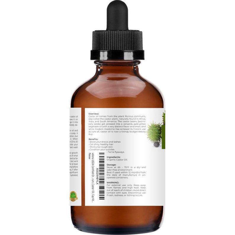 velona USDA Certified Organic Castor Oil - 4 Fl Oz (With Dropper) | For Hair, Boost Eyelashes, Eyebrows | Cold pressed, USP Grade