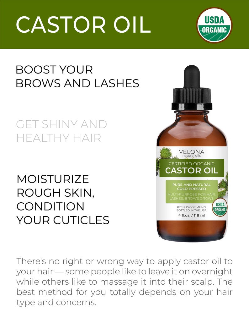 velona USDA Certified Organic Castor Oil - 4 Fl Oz (With Dropper) | For Hair, Boost Eyelashes, Eyebrows | Cold pressed, USP Grade
