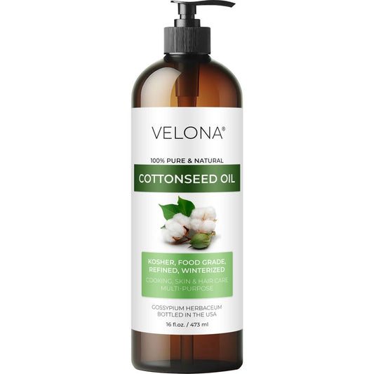 Cotton Seed Oil by Velona - 16 Fl Oz | 100% Pure and Natural Carrier Oil | Refined, Cold pressed | Cooking, Skin, Face, Body, Hair Care
