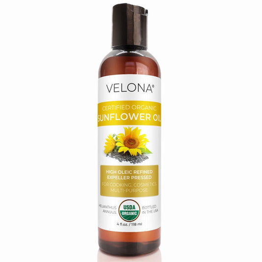 velona USDA Certified Organic Sunflower Oil - 4 Fl Oz 100% Pure and Natural Carrier Oil | High Oleic, Refined, Expeller Pressed | Skin