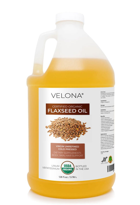velona USDA Certified Organic Flaxseed Oil - 1 Gallon / 128 Fl Oz | 100% Pure and Natural Carrier Oil | Unrefined, Cold Pressed