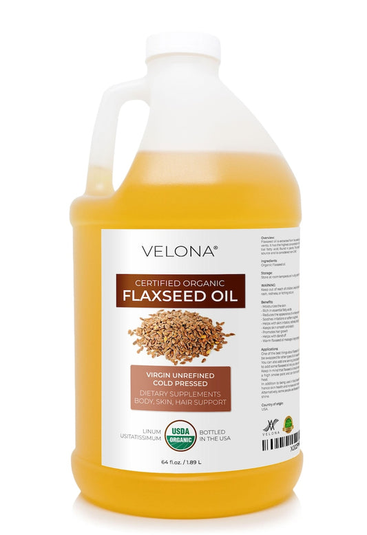 velona USDA Certified Organic Flaxseed Oil - 64 Fl Oz 100% Pure and Natural Carrier Oil | Unrefined, Cold Pressed | Hair Growth & Skin Care